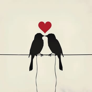 Two birds are sitting on a wire, one of them is kissing the other one. The heart in the background symbolizes love and affection