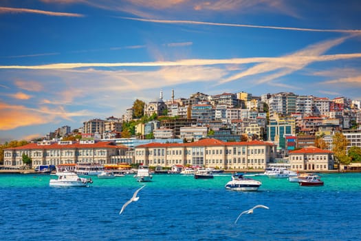Cihangir Mosque and beautiful houses on the coast of the Bosphorus strait, Istanbul, Turkey.