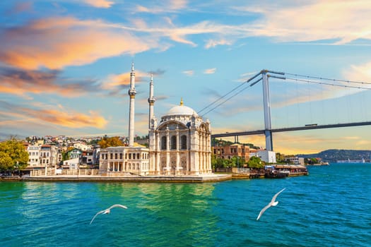 Ortakoy Mosque and Bosphorus bridge at sunset, Istanbul, Turkey.