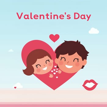 Cute illustration of smiling cartoon characters inside a heart, celebrating Valentine's Day with love and joy.
