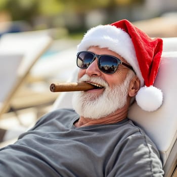 Elderly man wearing a Santa hat, enjoying a cigar and relaxing on a lounge chair under the sun during the holiday season.