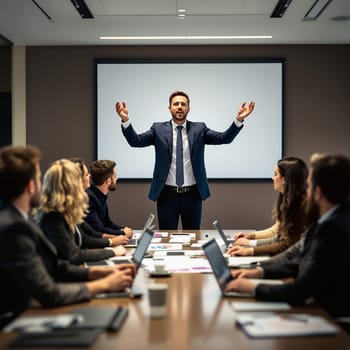 Confident business leader speaking to a team during a professional meeting, emphasizing teamwork and strategy.