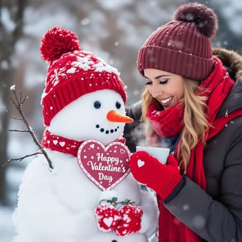 A woman in winter clothing enjoying a snowy day with a Valentine themed snowman holding a heart.