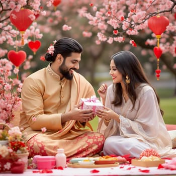 Couple exchanging gifts during a romantic outdoor picnic surrounded by cherry blossoms and festive Valentine's decorations.