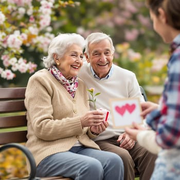 A happy elderly couple sitting on a park bench receiving a Valentine's Day gift from a young woman.