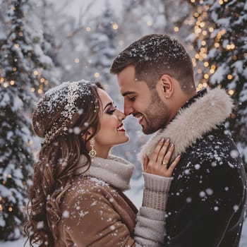 A couple shares a joyful moment in a snowy winter landscape, surrounded by sparkling lights and festive trees.