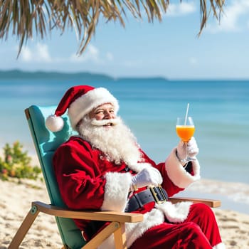 Santa Claus in festive attire relaxing on a beach chair with a cocktail under palm trees by the ocean.