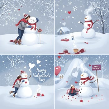 A charming Valentine's Day snowman surrounded by hearts and winter scenery, embodying love and seasonal cheer.