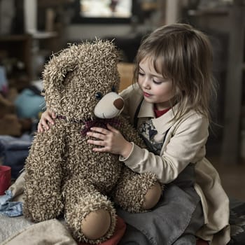 A young girl lovingly hugs a fluffy teddy bear in a cozy indoor setting, showcasing comfort and childhood innocence.