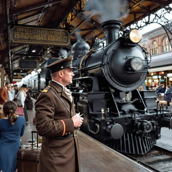 A train conductor in a vintage uniform stands next to a steam locomotive at a historic station, surrounded by passengers and timeless ambiance.