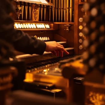 Close up of a musician's hand playing a classic pipe organ in a warm, golden lit setting, evoking tradition and craftsmanship.