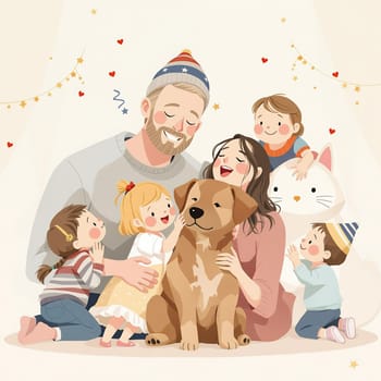 A cheerful illustrated family with children, a dog, and a cat celebrating together in a warm and joyful moment.
