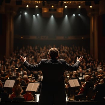 A conductor passionately leading an orchestra in an elegant concert hall with a captivated audience.