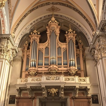 A grand, ornate pipe organ in a historic church, showcasing intricate details and architectural craftsmanship.