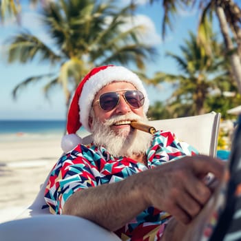 Santa Claus enjoying a tropical holiday, wearing sunglasses and a festive hat, smoking a cigar under the sun by the beach.