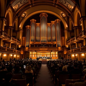 A magnificent concert hall with a grand organ, hosting a musical performance attended by a large, captivated audience in an elegant setting.