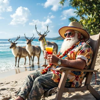Santa Claus sitting on a tropical beach with reindeer nearby, enjoying a drink while dressed in a vibrant summer outfit.