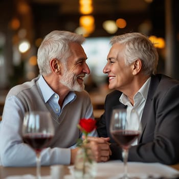 An elderly couple sharing laughter and love during a romantic dinner at a cozy restaurant, with wine and a rose on the table.