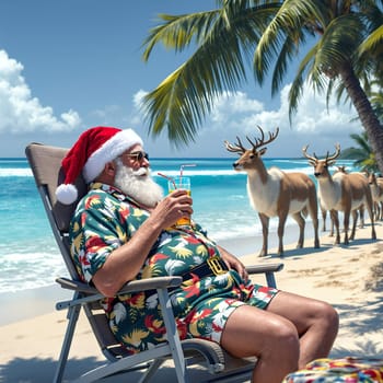 Santa Claus in a tropical outfit relaxing on a sunny beach with reindeer, enjoying a drink under palm trees.