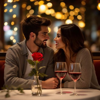 A couple gazes lovingly at each other during a candlelit dinner with wine and romantic ambiance.