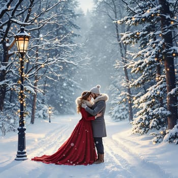 A couple in winter attire shares an intimate moment under a glowing streetlamp in a snow covered forest, evoking romance and warmth.