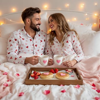 Smiling couple in heart themed pajamas enjoys breakfast in bed with pancakes, strawberries, and coffee, surrounded by warm lights and rose petals.