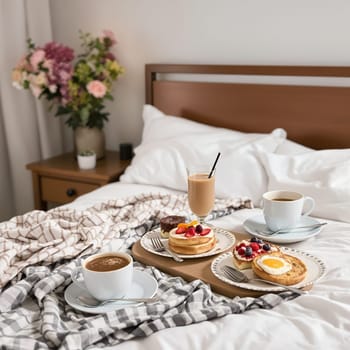 A tray with coffee, pancakes, and toast served on a cozy bed with fresh flowers in the background.