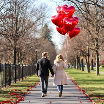 A romantic couple walking hand in hand carrying red heart balloons, symbolizing love and togetherness in a serene park setting.