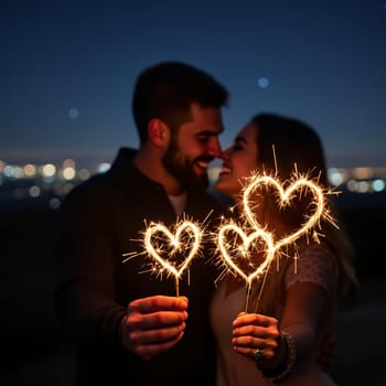 A happy couple enjoys a romantic moment with heart shaped sparklers, illuminated by city lights under a serene evening sky.