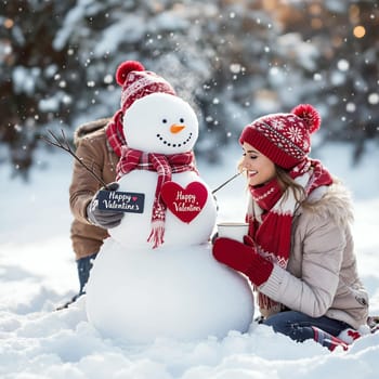 A cheerful snowman decorated with Valentine's hearts, with a woman enjoying a snowy winter day beside it.