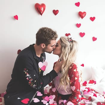 A couple shares a romantic kiss surrounded by heart shaped decorations in a festive Valentine's setting.