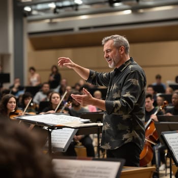 A passionate conductor leads an orchestra rehearsal in a modern music hall filled with musicians.