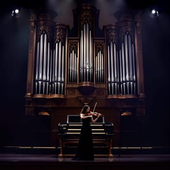 A violinist in a black gown performs on stage before a majestic pipe organ under dramatic spotlights.