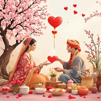 A couple in traditional attire exchanging hearts in a romantic cultural setting surrounded by cherry blossoms and festive decorations.