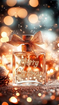 Transparent perfume bottle with Merry Christmas text and a bow on golden bokeh background with copy space. New Year gift.