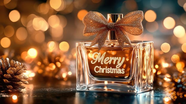 Transparent perfume bottle with Merry Christmas text and a bow on golden bokeh background with copy space. New Year gift.
