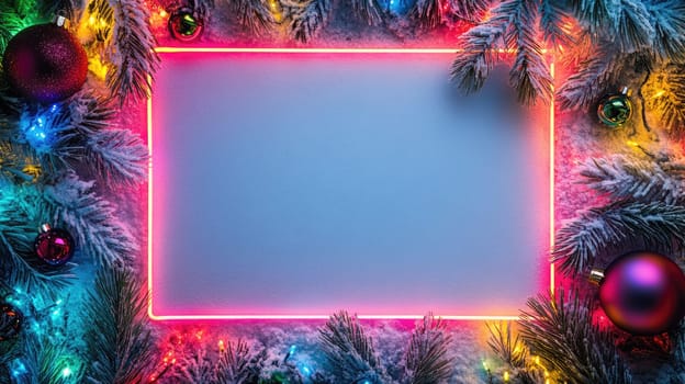 Colourful Christmas neon frame with snow, baubles, garland and twigs on white background, copy space for text.