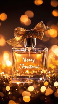 Transparent perfume bottle with Merry Christmas text and a bow on golden bokeh background with copy space. New Year gift.
