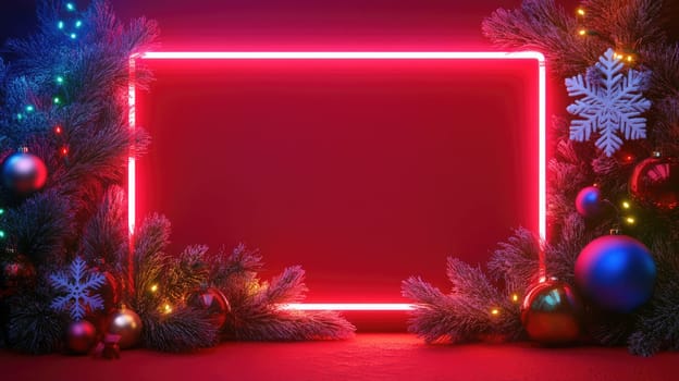 Christmas neon frame with snowflakes, baubles, garland and fir tree twigs on red background, copy space for text.