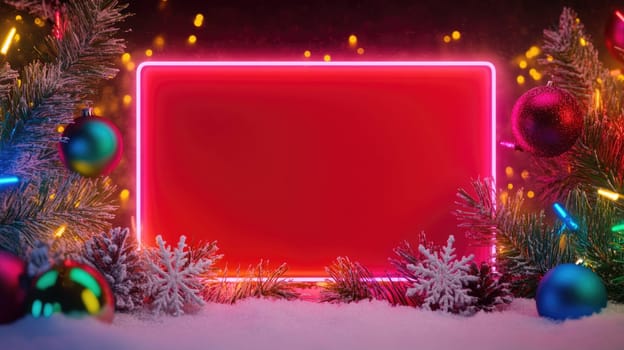 Christmas neon frame with snowflakes, baubles, garland and fir tree twigs on red background, copy space for text.