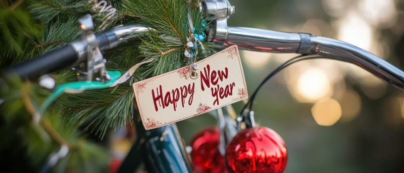A bicycle adorned with festive decorations for the holiday season features a tag wishing happy new year among pine and ornaments.