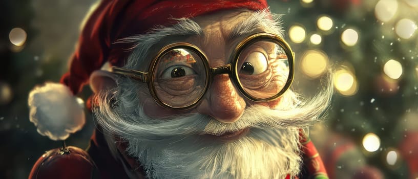 Santa spreads holiday cheer with a joyous smile near a decorated Christmas tree filled with colorful lights and ornaments.