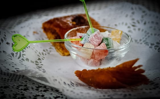 Oriental sweets. Rahat the onion in a cup on the table.