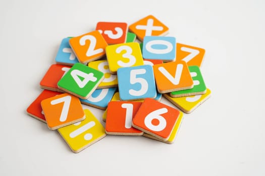 Number wood block cubes for learning Mathematic, education math.