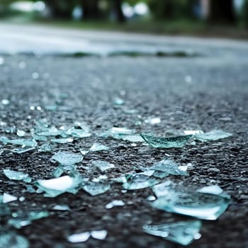 Scattered broken glass sharp edges pieces on the ground