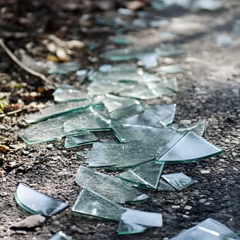 Scattered broken glass sharp edges pieces on the ground