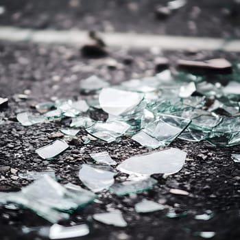 Scattered broken glass sharp edges pieces on the ground