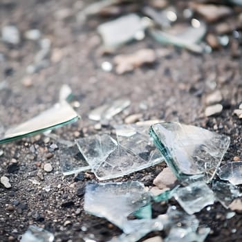 Scattered broken glass sharp edges pieces on the ground