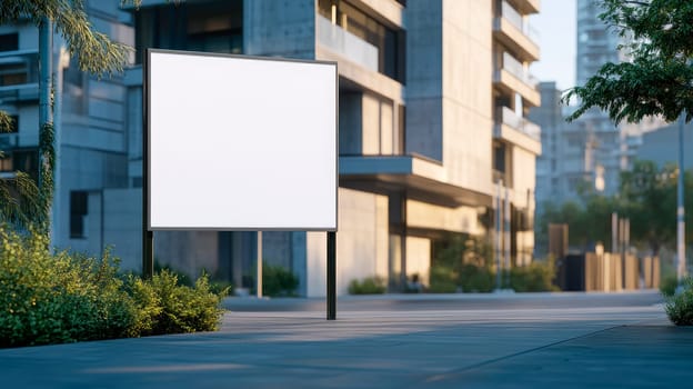 A blank white billboard stands on a sidewalk, ready for advertisement placement. AI generated