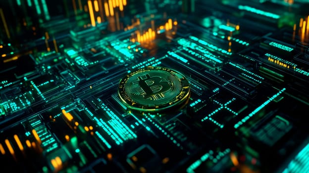 Bitcoin lying on digital background with elements like stock market computer charts. AI generated